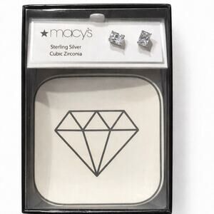 Macy’s CZ Stud Earrings Gift Set w/ Small Plate Silver Tone, NWT